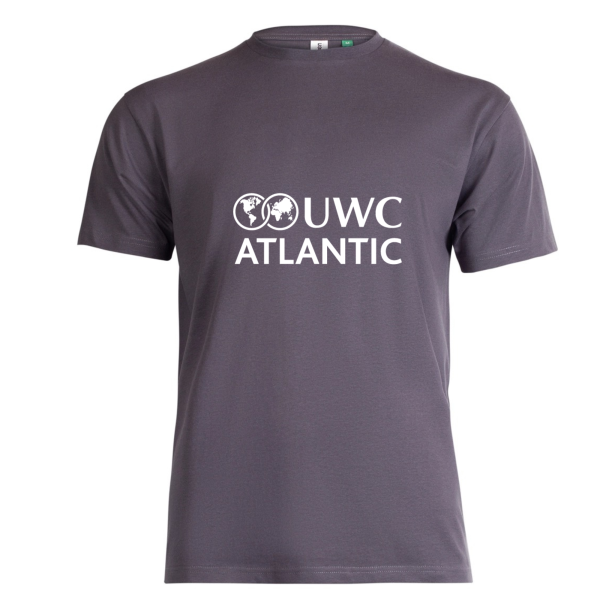 charcoal grey tshirt with white UWC Atlantic logo across chest.