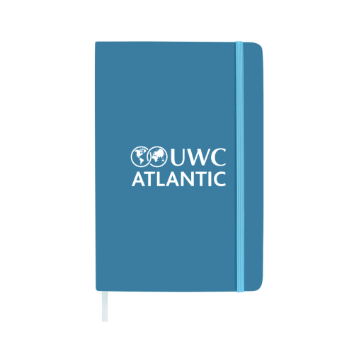 Blue UWC Atlantic notebook with white UWC Atlantic logo to front