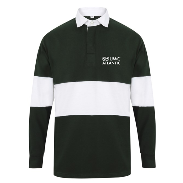 Green rugby jersey with white central panel, and white embroidered logo