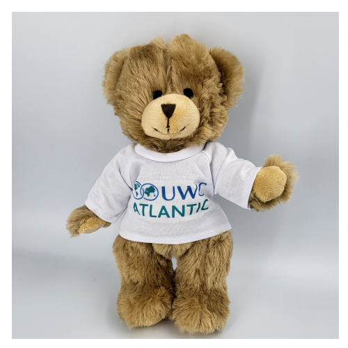 Brown teddy wearing white tshirt with UWC Atlantic full colour logo