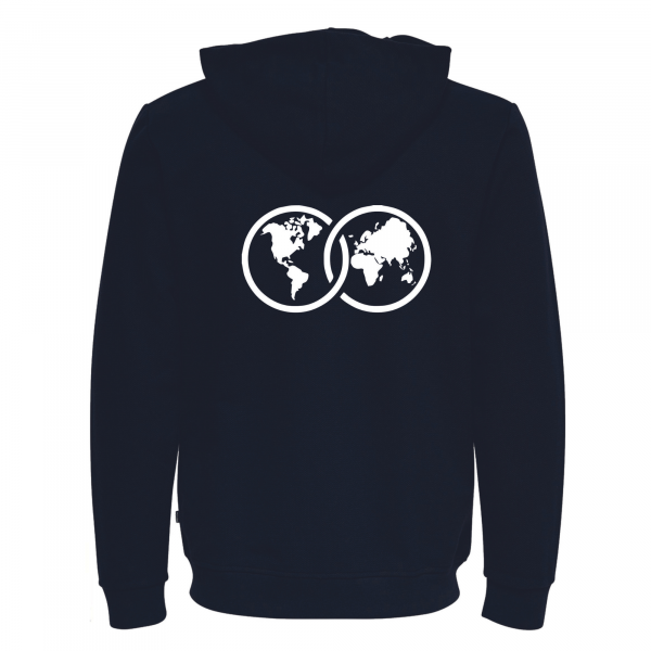 Navy hoodie with UWC world logo on back