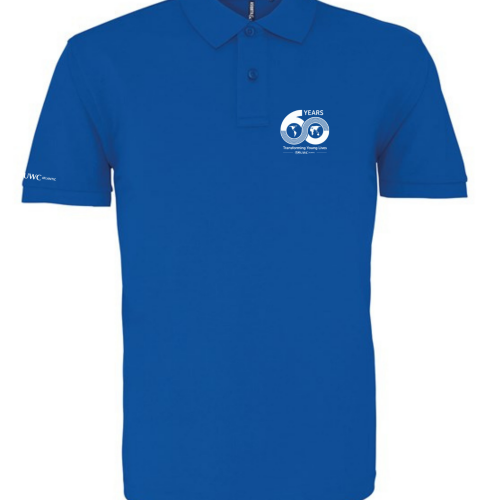 bright royal blue mens polo tshirt with 60th anniversary logo to breast