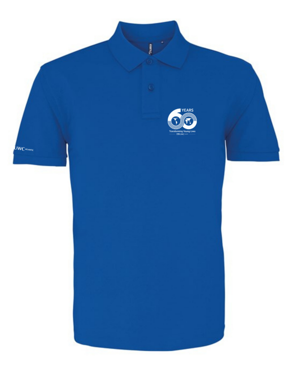 bright royal blue mens polo tshirt with 60th anniversary logo to breast