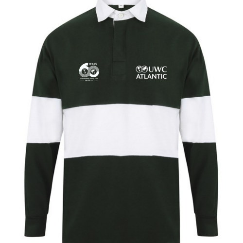 panelled rugby jersey in bottle green and white with 60th anniversary and uwc atlantic logo