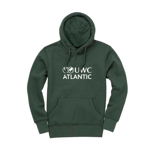 Thick premium bottle green UWC Atlantic hoodie with white logo across chest.