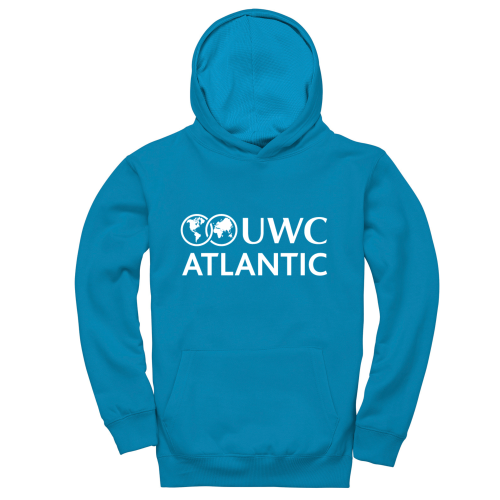 Turquoise kids hoodie with white UWC Atlantic logo across chest