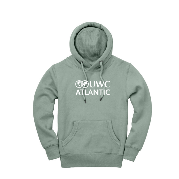 Thick premium hoodie in sage green with white UWC Atlantic logo across chest