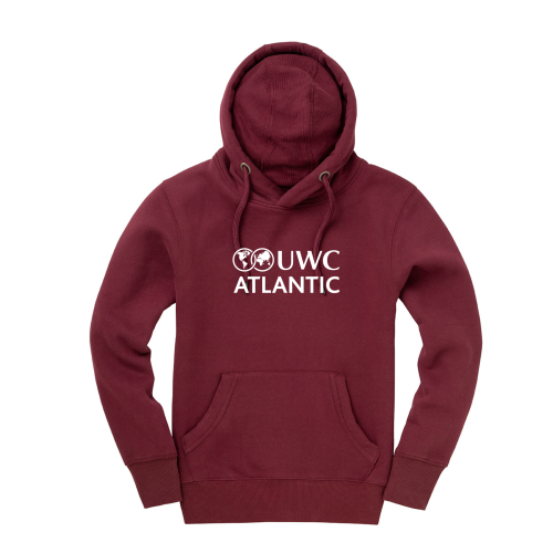 Thick premium bottle burgundy UWC Atlantic hoodie with white logo across chest.