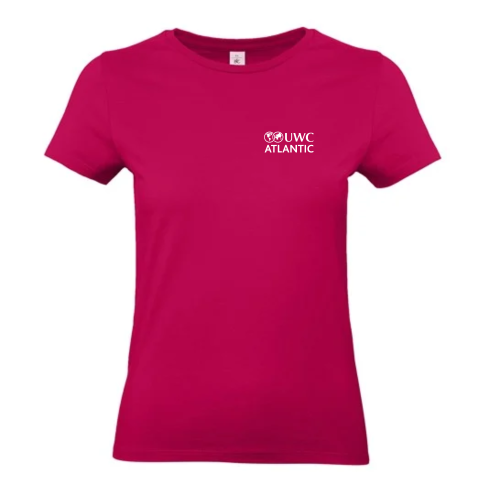 Bright pink ladies fitted tshirt with white UWC Atlantic logo