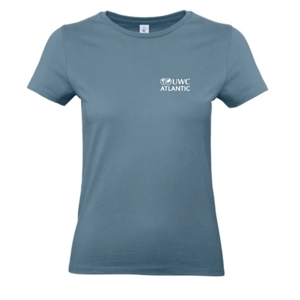 Stone blue ladies fitted tshirt with white UWC Atlantic logo