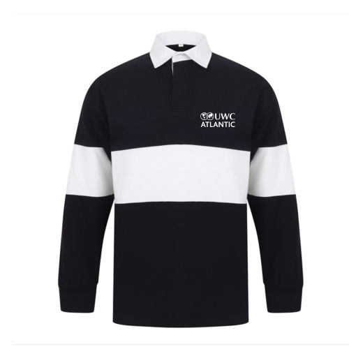 UWC Atlantic branded navy rugby jersey with white panel across centre