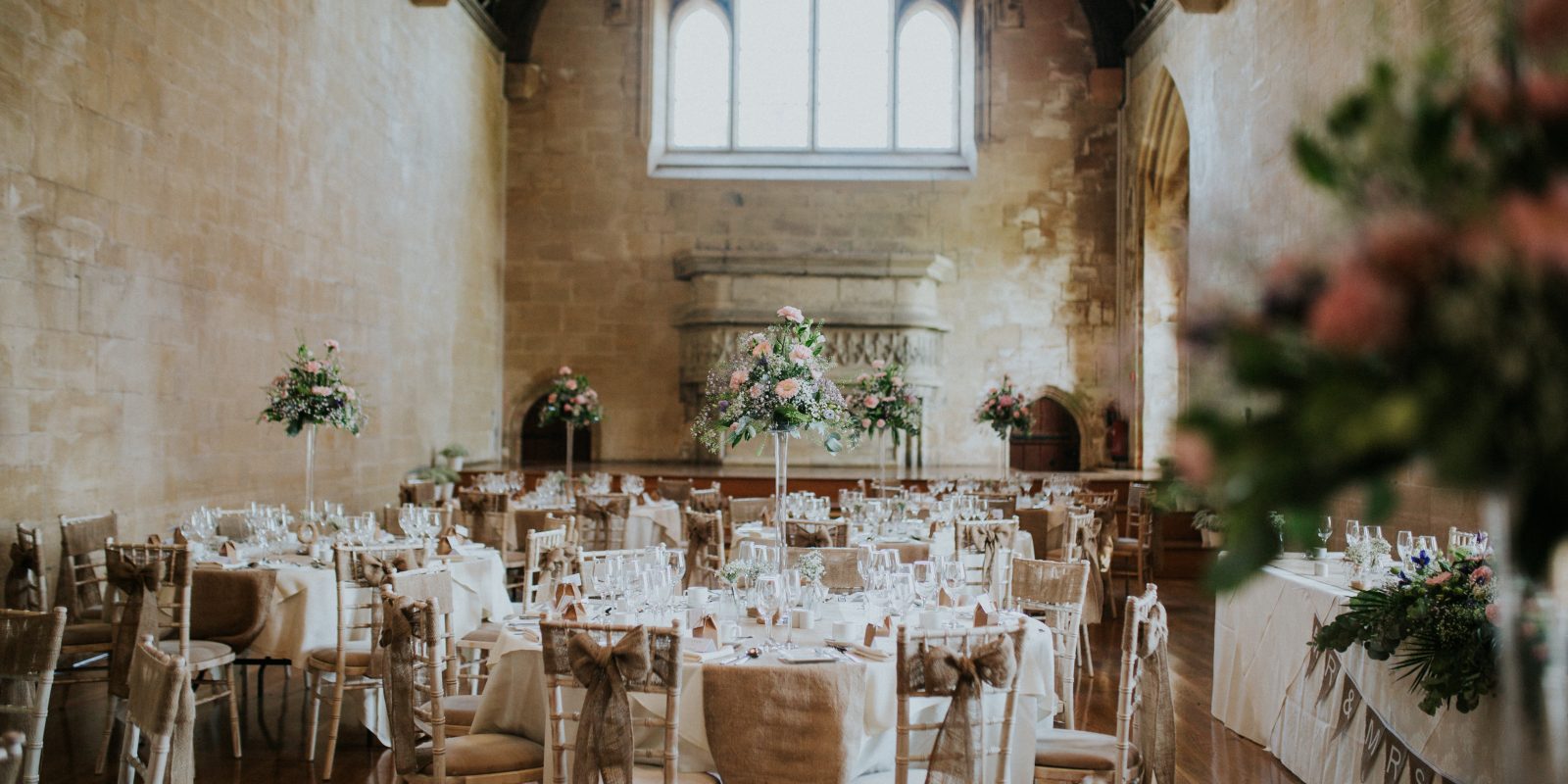 Bradenstoke Hall of St Donat's Castle setup for a wedding breakfast