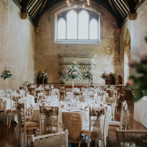 Bradenstoke Hall of St Donat's Castle setup for a wedding breakfast