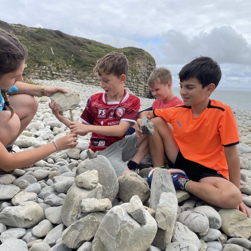 children playing with rocks on a beach