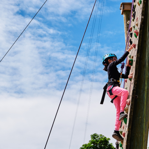Young girl on climbing wall